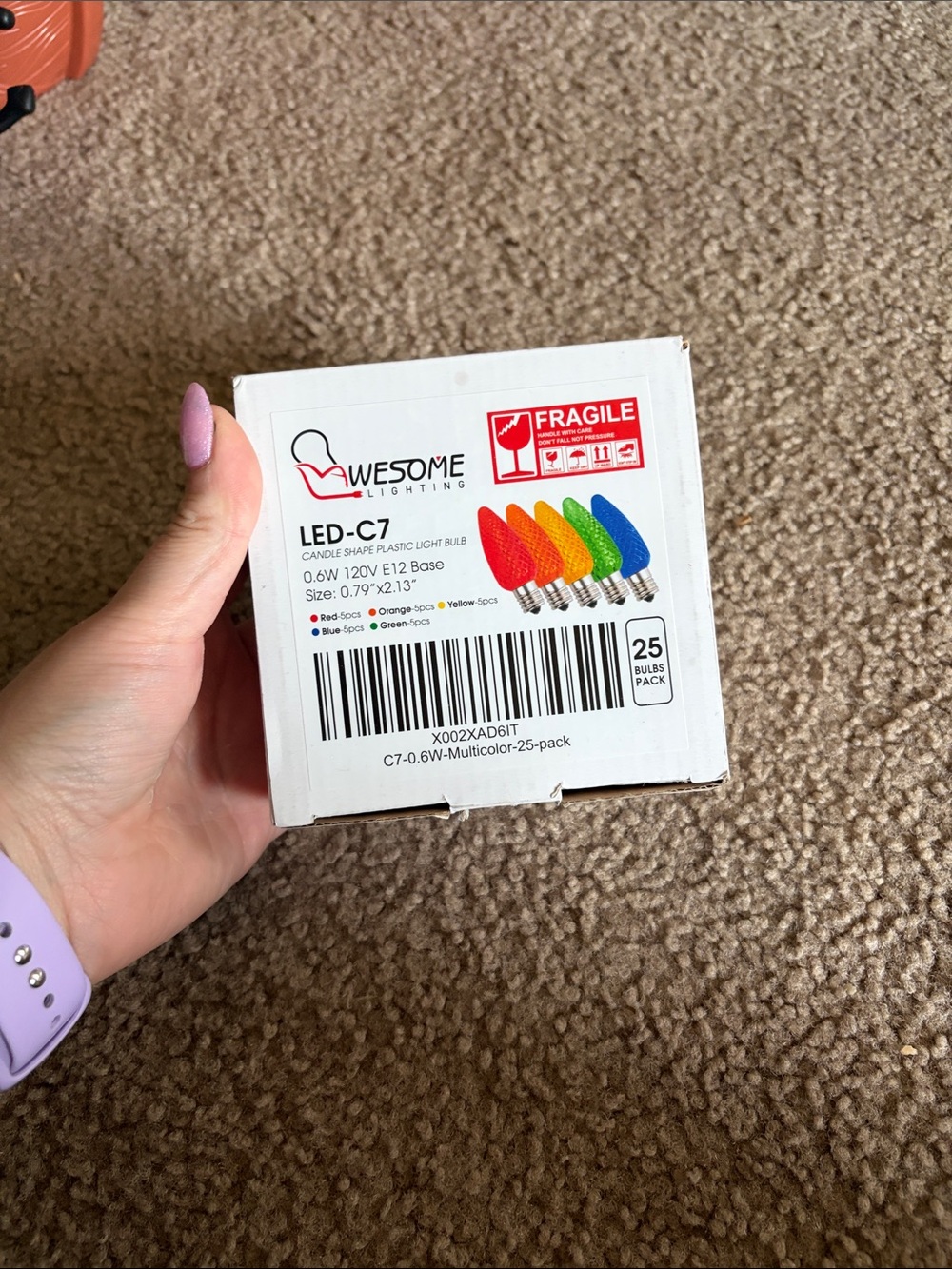 B73 NIB LED-C7 Colored Lightbulbs, R/O/Y/G/B; 25 total